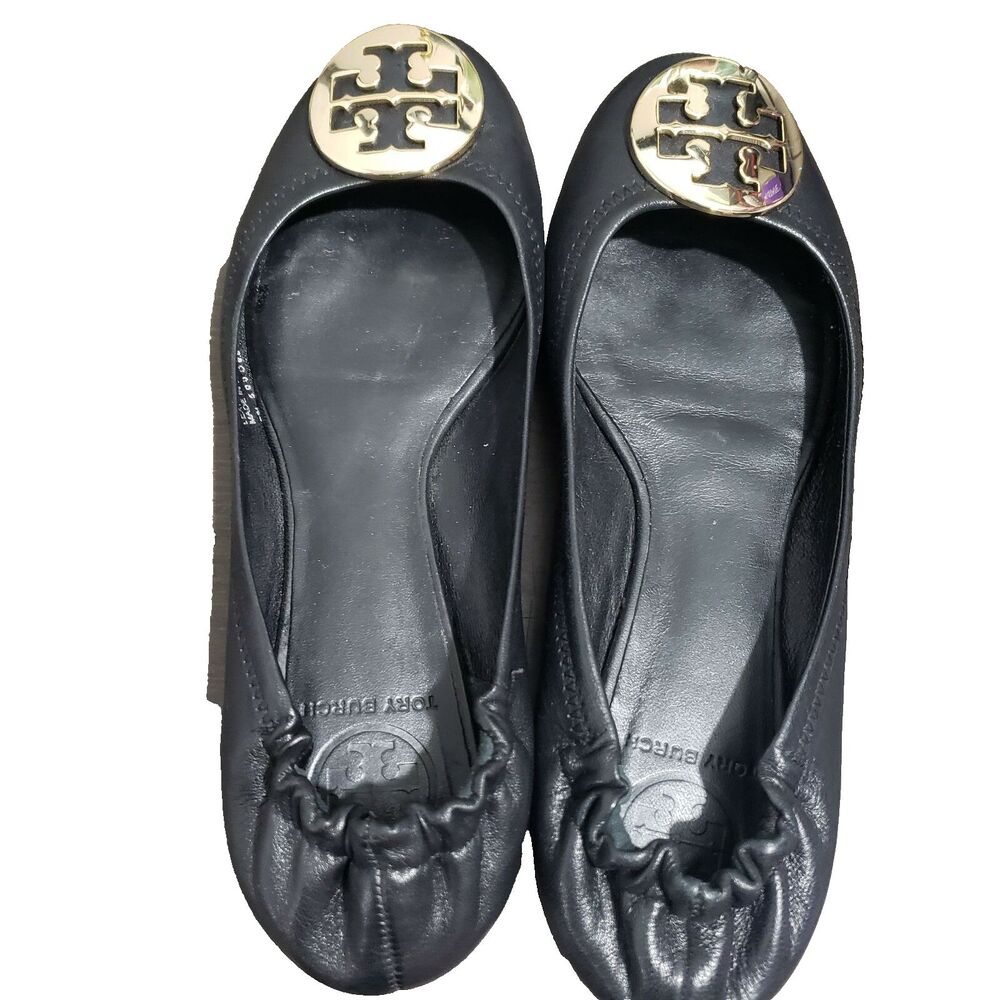 Tory Burch Black Flat Shoes Gold Logo 8M - Picture 4 of 12